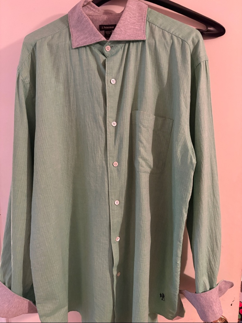 J. Peterman Mint Green Button-Down with Light Gray Contrast Collar and cuffs.